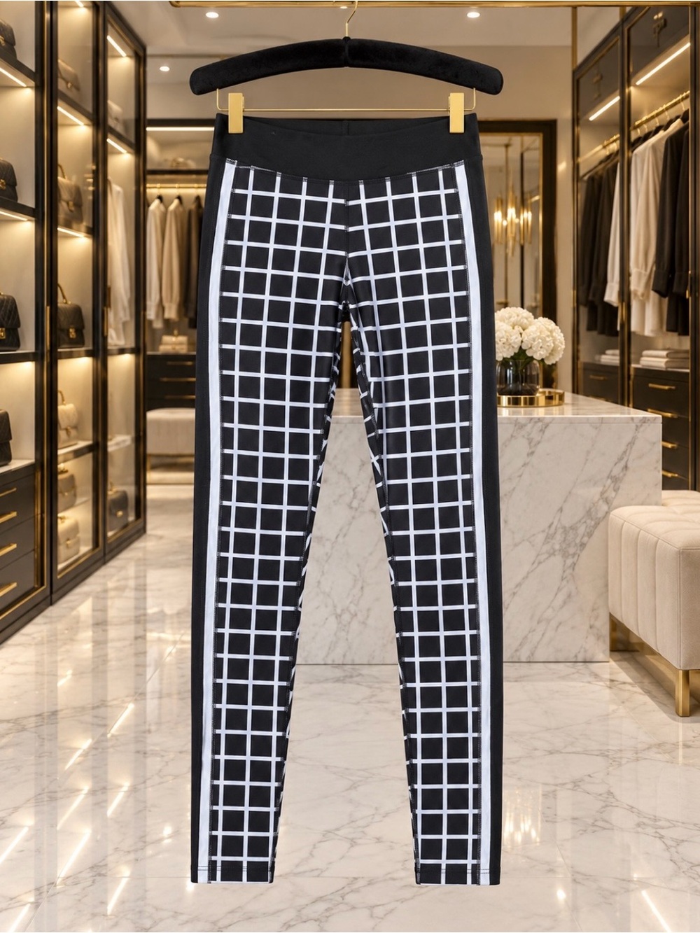Gianni Bini Black Leggings with White Grid and Side Stripes